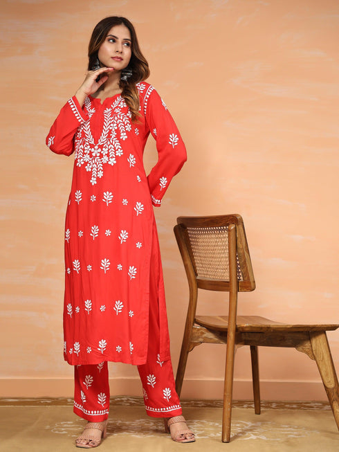 Fizaa Chikankari Long Modal Kurta Set - RED